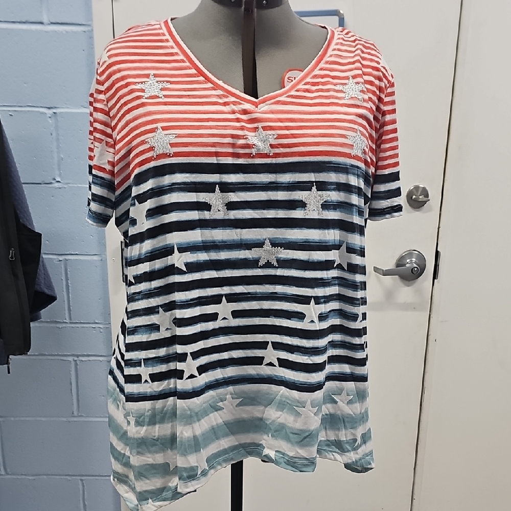 Vibrant Striped Star V-Neck Tee